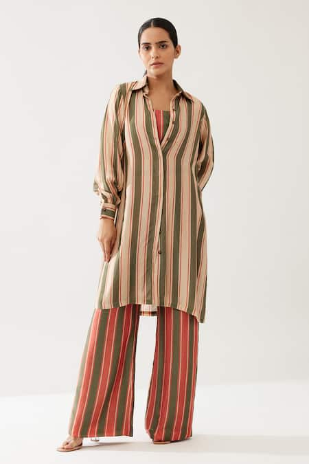 Koai Green Cotton, Silk Collared Stripe Print Shirt at Aza Fashions Koai_Green Cotton, Silk Collared Stripe Print Shirt _at_Aza_Fashions
