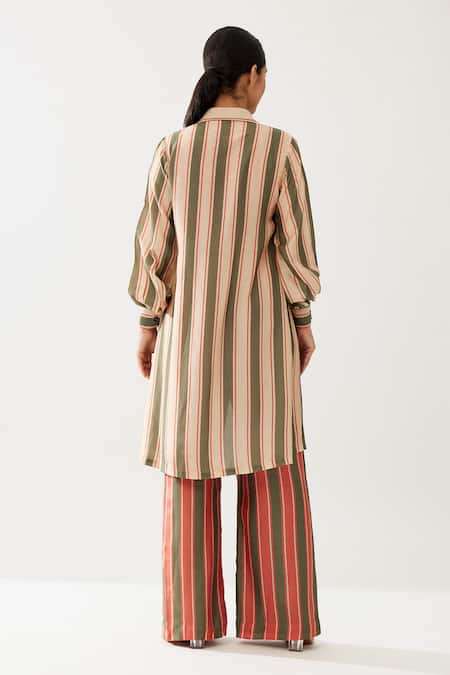 Shop Koai Green Cotton, Silk Collared Stripe Print Shirt at Aza Fashions Shop_Koai_Green Cotton, Silk Collared Stripe Print Shirt _at_Aza_Fashions