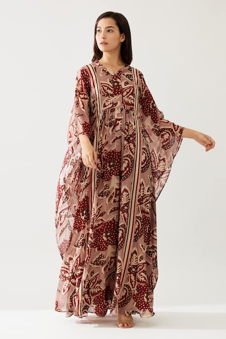 Koai_Red Chiffon Split V-neck Floral Print Kaftan _Online_at_Aza_Fashions