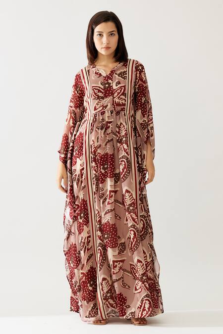 Buy_Koai_Red Chiffon Split V-neck Floral Print Kaftan _Online_at_Aza_Fashions
