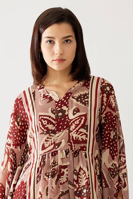 Shop_Koai_Red Chiffon Split V-neck Floral Print Kaftan _Online_at_Aza_Fashions