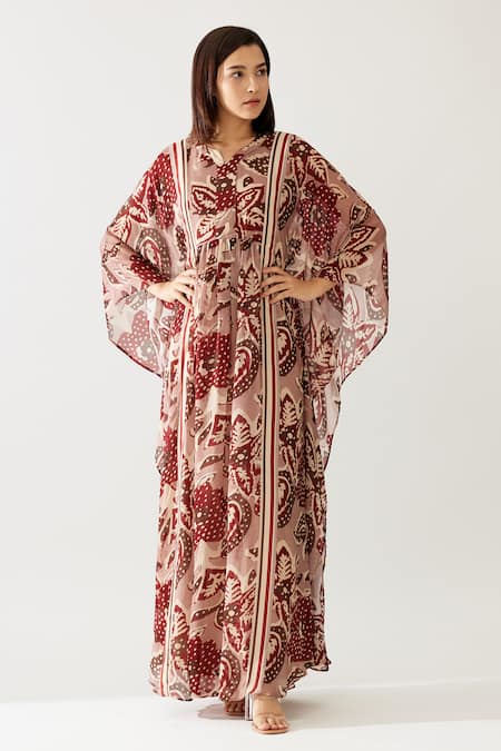 Koai_Red Chiffon Split V-neck Floral Print Kaftan _at_Aza_Fashions
