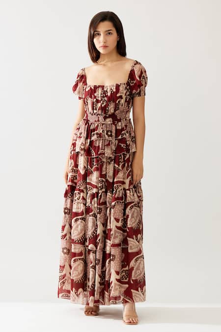 Koai_Red Chiffon Square Neck Floral Print Frilled Maxi Dress _Online_at_Aza_Fashions