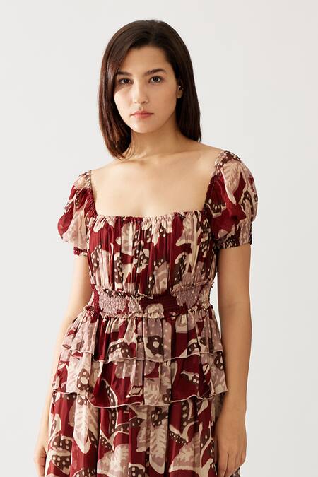 Buy_Koai_Red Chiffon Square Neck Floral Print Frilled Maxi Dress _Online_at_Aza_Fashions