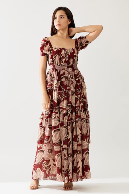 Shop_Koai_Red Chiffon Square Neck Floral Print Frilled Maxi Dress _Online_at_Aza_Fashions