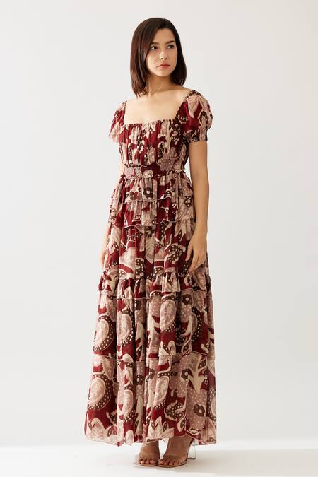 Koai_Red Chiffon Square Neck Floral Print Frilled Maxi Dress _at_Aza_Fashions