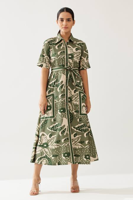 Koai_Green Cotton Collared Floral Print Midi Shirt Dress _Online_at_Aza_Fashions