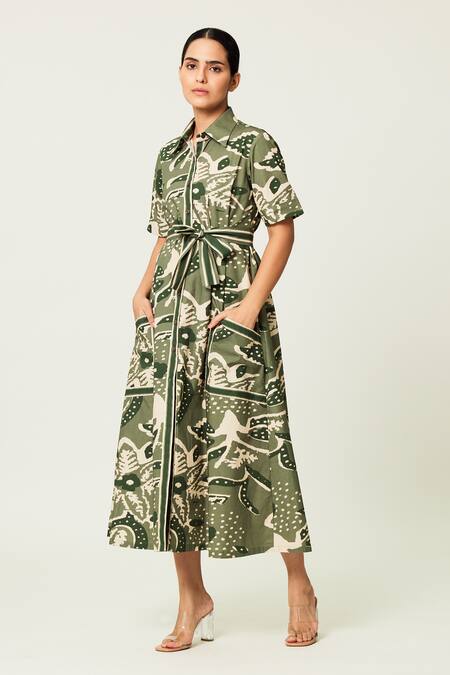 Buy_Koai_Green Cotton Collared Floral Print Midi Shirt Dress _Online_at_Aza_Fashions