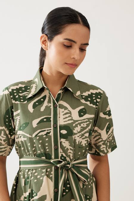 Koai_Green Cotton Collared Floral Print Midi Shirt Dress _at_Aza_Fashions