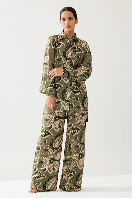 Koai_Green Cotton, Silk Embroidery Collared Floral Print Long Shirt _Online_at_Aza_Fashions