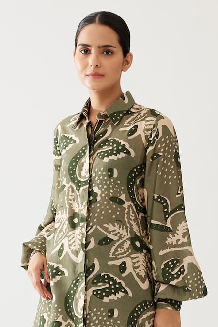 Buy_Koai_Green Cotton, Silk Embroidery Collared Floral Print Long Shirt _Online_at_Aza_Fashions