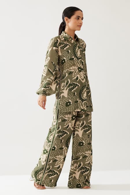 Shop_Koai_Green Cotton, Silk Embroidery Collared Floral Print Long Shirt _Online_at_Aza_Fashions