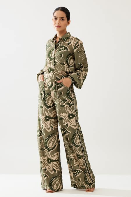 KoAi Green Cotton Silk Printed Floral Pant 