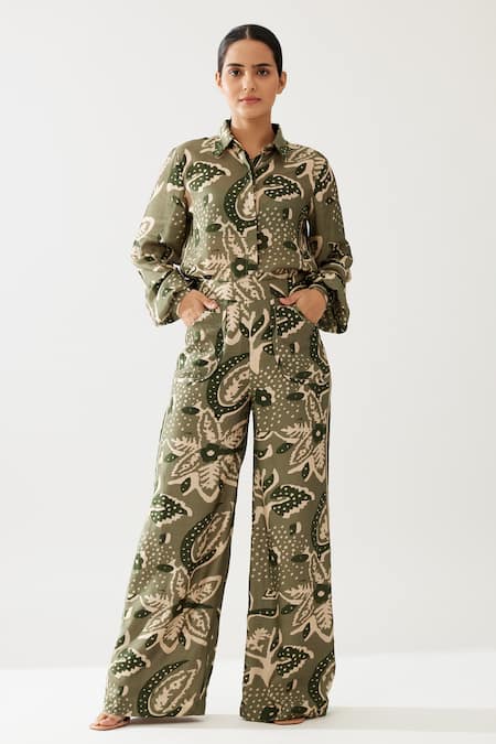 Koai Green Cotton, Silk Floral Print Pant Online at Aza Fashions Koai_Green Cotton, Silk Floral Print Pant _Online_at_Aza_Fashions