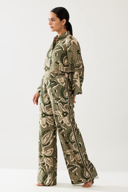 Shop Koai Green Cotton, Silk Floral Print Pant Online at Aza Fashions Shop_Koai_Green Cotton, Silk Floral Print Pant _Online_at_Aza_Fashions