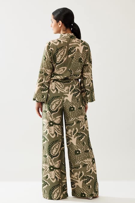 Shop Koai Green Cotton, Silk Floral Print Pant at Aza Fashions Shop_Koai_Green Cotton, Silk Floral Print Pant _at_Aza_Fashions