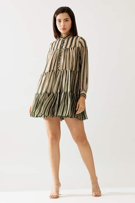 Koai Green Chiffon Mandarin Collar Stripe Print Tiered Dress Online at Aza Fashions Koai_Green Chiffon Mandarin Collar Stripe Print Tiered Dress _Online_at_Aza_Fashions