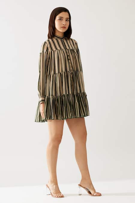 Buy Koai Green Chiffon Mandarin Collar Stripe Print Tiered Dress Online at Aza Fashions Buy_Koai_Green Chiffon Mandarin Collar Stripe Print Tiered Dress _Online_at_Aza_Fashions