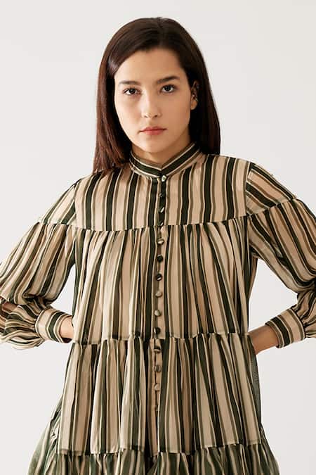 Shop Koai Green Chiffon Mandarin Collar Stripe Print Tiered Dress Online at Aza Fashions Shop_Koai_Green Chiffon Mandarin Collar Stripe Print Tiered Dress _Online_at_Aza_Fashions