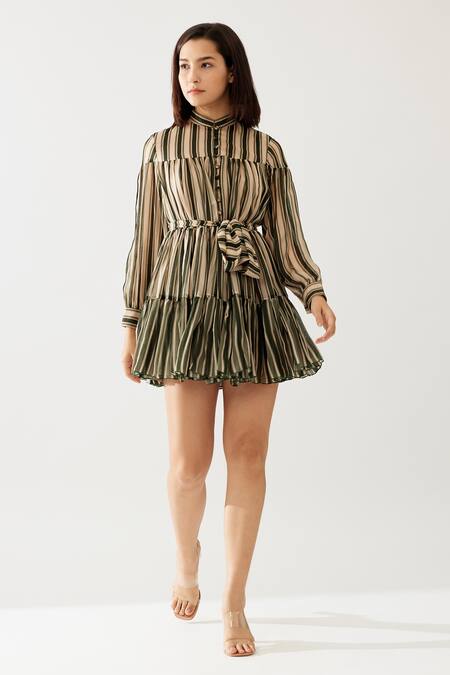 Koai Green Chiffon Mandarin Collar Stripe Print Tiered Dress at Aza Fashions Koai_Green Chiffon Mandarin Collar Stripe Print Tiered Dress _at_Aza_Fashions