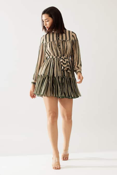 Buy Koai Green Chiffon Mandarin Collar Stripe Print Tiered Dress Buy_Koai_Green Chiffon Mandarin Collar Stripe Print Tiered Dress