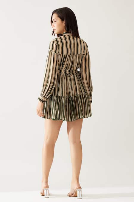Shop Koai Green Chiffon Mandarin Collar Stripe Print Tiered Dress at Aza Fashions Shop_Koai_Green Chiffon Mandarin Collar Stripe Print Tiered Dress _at_Aza_Fashions