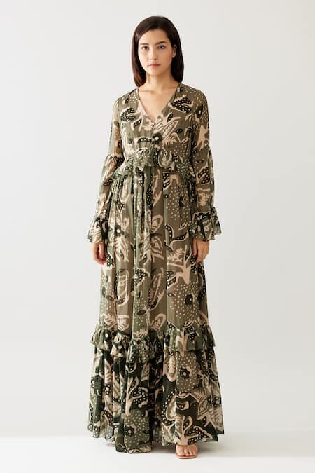 Koai_Green Chiffon V-neck Floral Print Frilled Maxi Dress _Online_at_Aza_Fashions