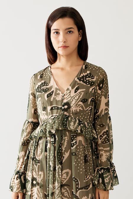 Buy_Koai_Green Chiffon V-neck Floral Print Frilled Maxi Dress _Online_at_Aza_Fashions