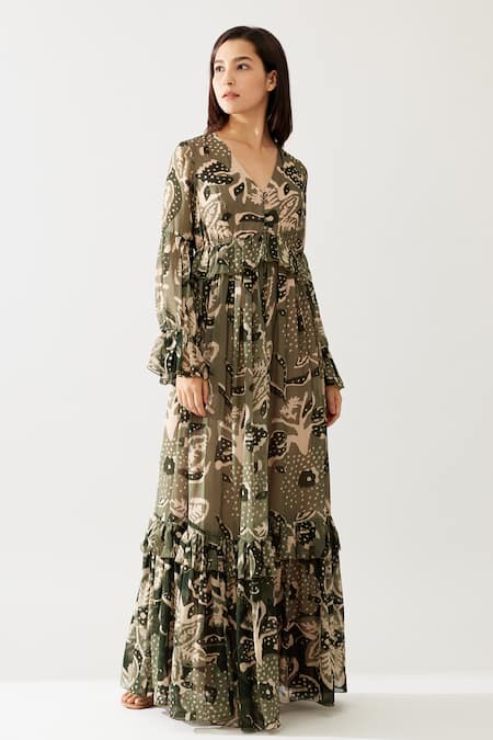 Shop_Koai_Green Chiffon V-neck Floral Print Frilled Maxi Dress _Online_at_Aza_Fashions