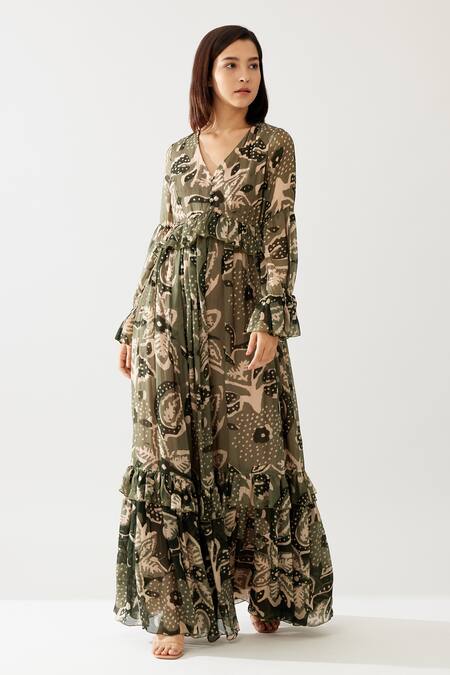 Koai_Green Chiffon V-neck Floral Print Frilled Maxi Dress _at_Aza_Fashions