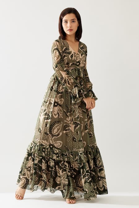 Buy_Koai_Green Chiffon V-neck Floral Print Frilled Maxi Dress 