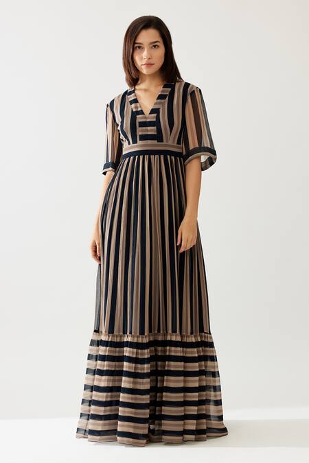 Koai_Green Chiffon V-neck Stripe Print Tiered Maxi Dress _Online_at_Aza_Fashions