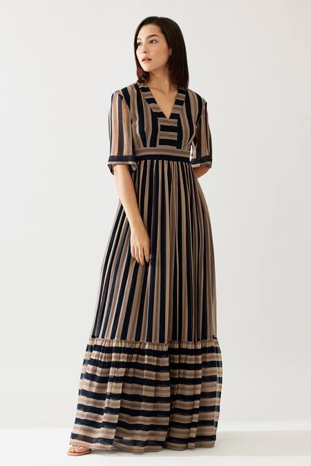 Buy_Koai_Green Chiffon V-neck Stripe Print Tiered Maxi Dress _Online_at_Aza_Fashions