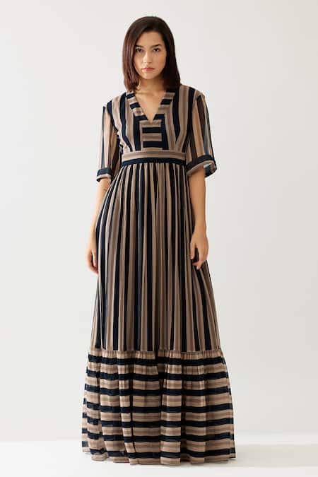 Shop_Koai_Green Chiffon V-neck Stripe Print Tiered Maxi Dress _Online_at_Aza_Fashions