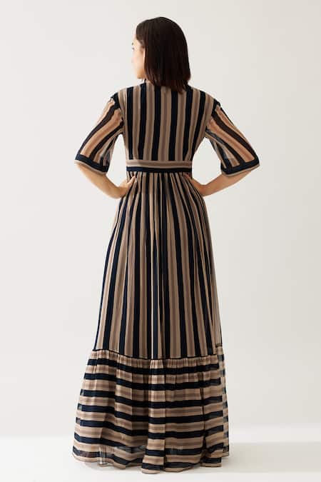 Shop_Koai_Green Chiffon V-neck Stripe Print Tiered Maxi Dress _at_Aza_Fashions