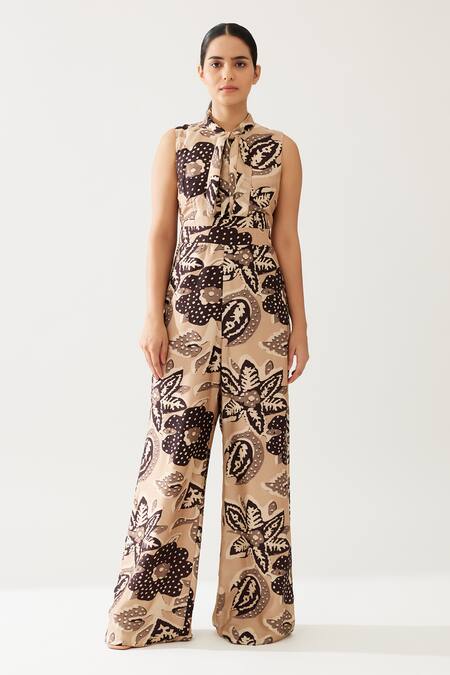 Koai_Cream Cotton, Silk High Neck Flora Blossom Print Jumpsuit _Online_at_Aza_Fashions