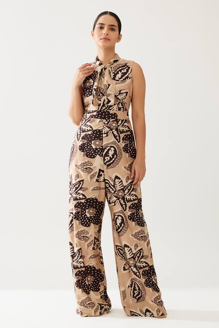 Buy_Koai_Cream Cotton, Silk High Neck Flora Blossom Print Jumpsuit _Online_at_Aza_Fashions