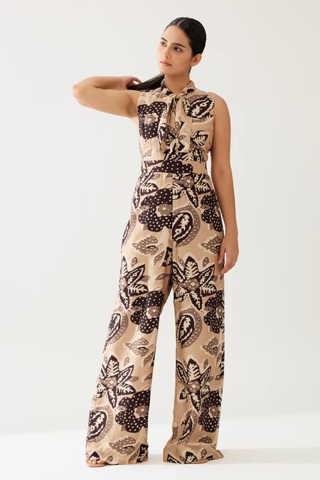 Shop_Koai_Cream Cotton, Silk High Neck Flora Blossom Print Jumpsuit _Online_at_Aza_Fashions