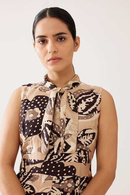 Koai_Cream Cotton, Silk High Neck Flora Blossom Print Jumpsuit _at_Aza_Fashions