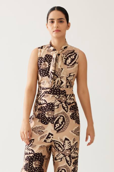 Buy_Koai_Cream Cotton, Silk High Neck Flora Blossom Print Jumpsuit 