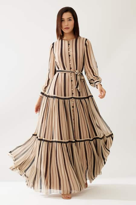 KoAi Candy Striped Tiered Maxi Gown 