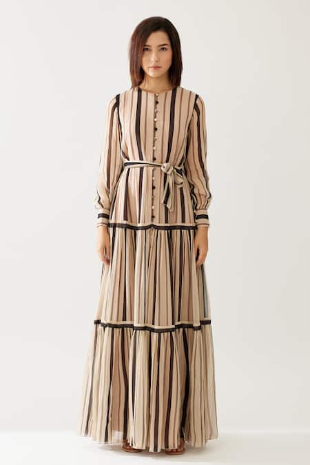 Koai_Cream Chiffon Round Neck Candy Striped Tiered Maxi Gown _Online_at_Aza_Fashions