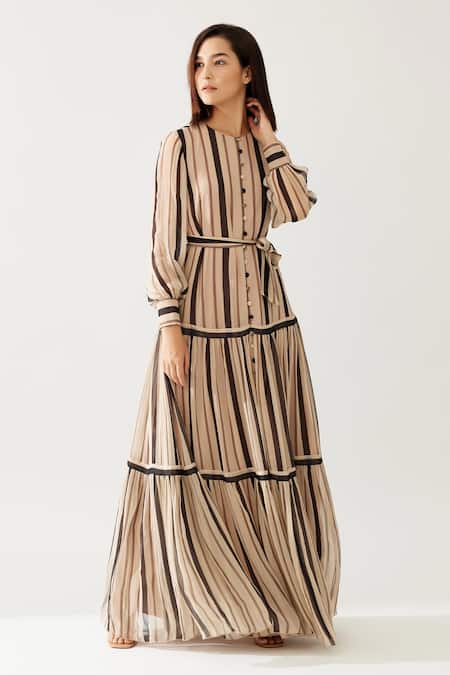 Buy_Koai_Cream Chiffon Round Neck Candy Striped Tiered Maxi Gown _Online_at_Aza_Fashions