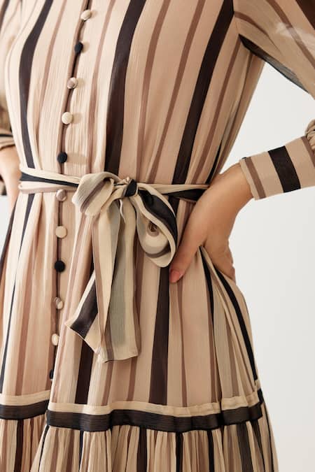 Koai_Cream Chiffon Round Neck Candy Striped Tiered Maxi Gown _at_Aza_Fashions