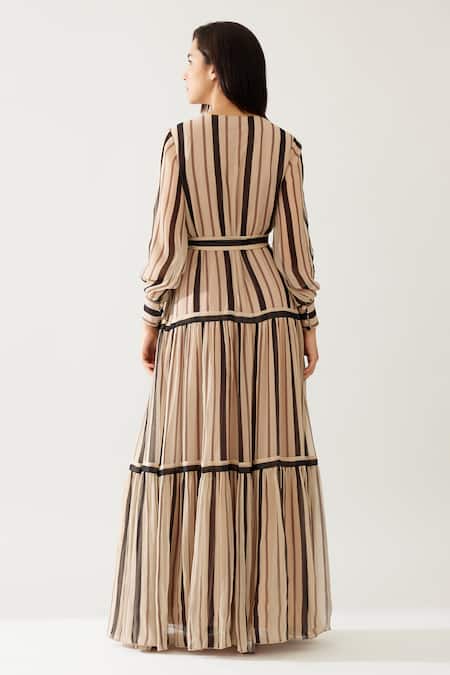 Shop_Koai_Cream Chiffon Round Neck Candy Striped Tiered Maxi Gown _at_Aza_Fashions