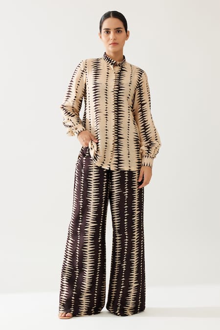 Koai_Cream Cotton, Silk Prism Maze Print Flared Pant _Online_at_Aza_Fashions