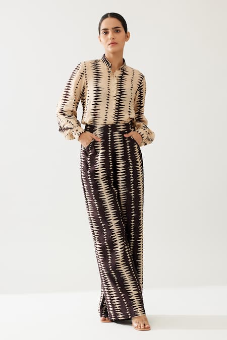 Shop_Koai_Cream Cotton, Silk Prism Maze Print Flared Pant _Online_at_Aza_Fashions