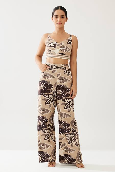 Koai_Cream Cotton, Poplin Florin Print Flared Pant _Online_at_Aza_Fashions