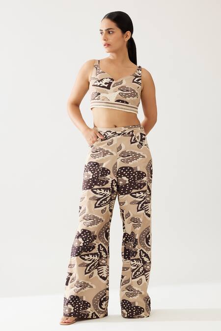 Shop_Koai_Cream Cotton, Poplin Florin Print Flared Pant _Online_at_Aza_Fashions
