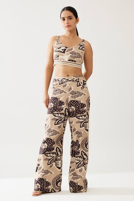 Koai_Cream Cotton, Poplin Florin Print Flared Pant _at_Aza_Fashions
